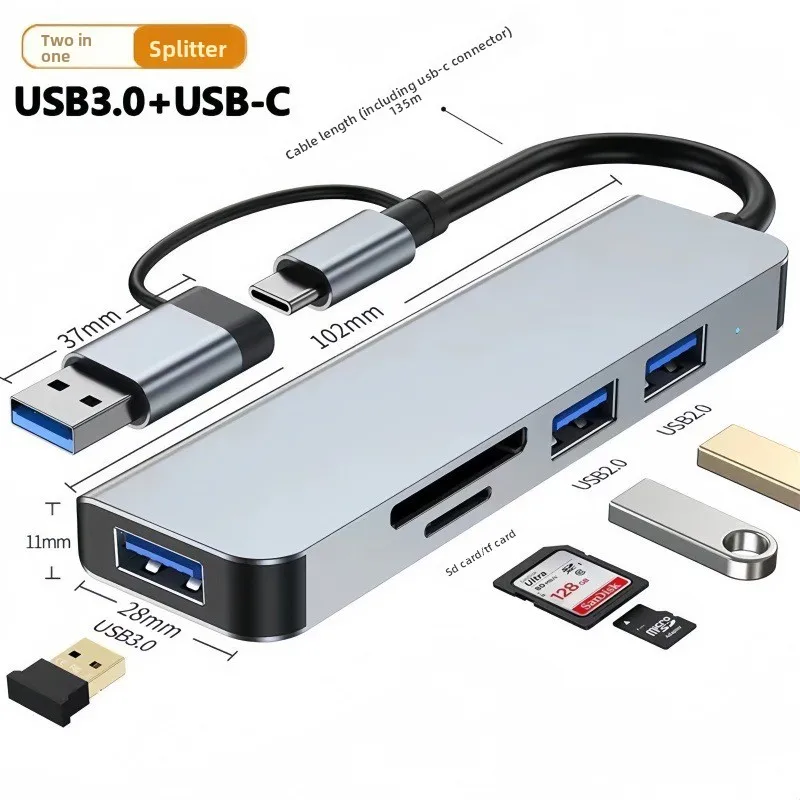 5-in-1 Metal USB 3.0 Splitter Hub, 2-in-1 Micro USB/Type-C Card Reader Expander for Android Phones & Laptops Tool