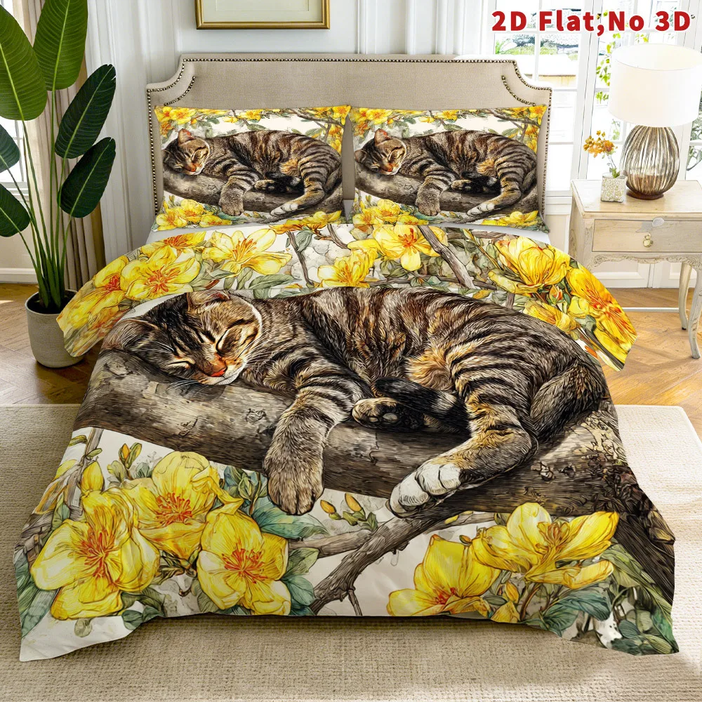 Floral Cat Duvet Cover Set Multi Size Quilt Cover Queen Size Bedroom Bedding Decoration Machine Washable Adult Boy Girl Bedroom