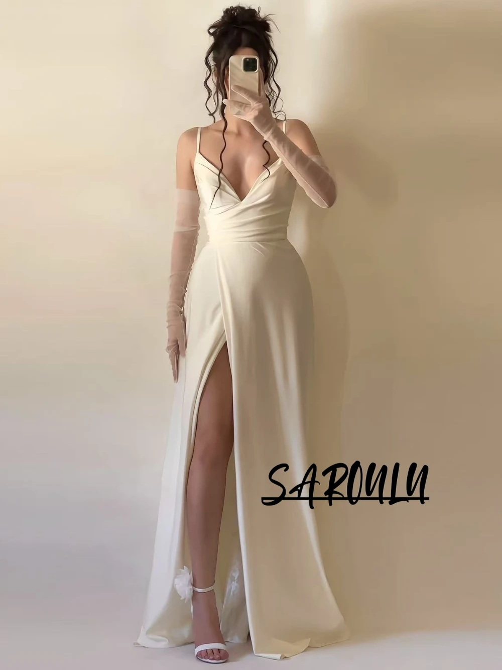Flowing A Line Sexy Deep V Neckline Evening Dress Simple Soft Elegant Prom Gown With Slit Spring Summer Women Wear No Gloves
