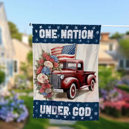 Patriotic Red Car One Nation Under God Garden Flag, 4th Of July Car Freedom Flag