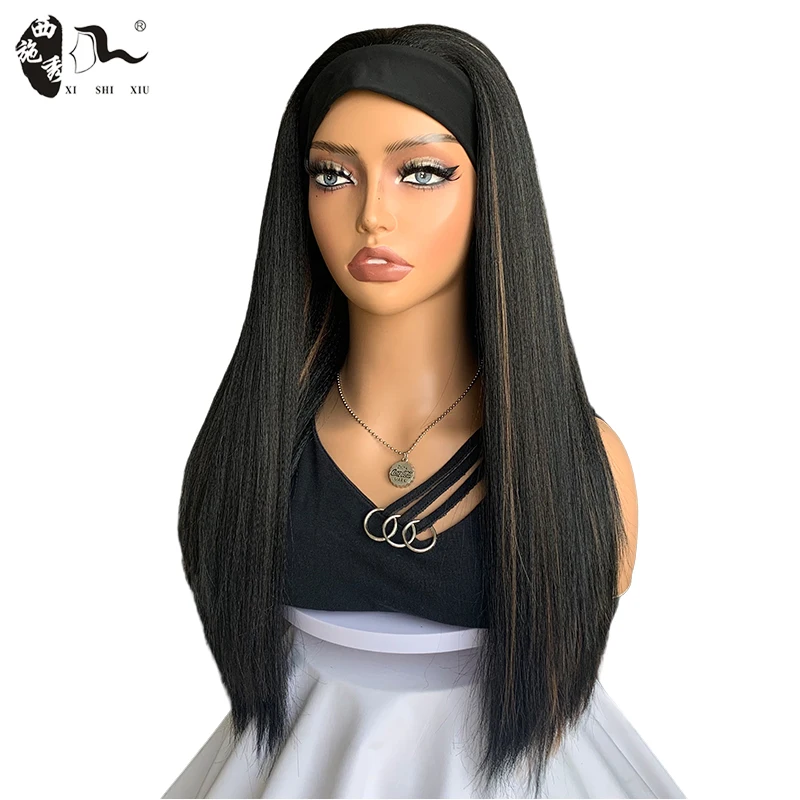 

Mixed Black Brown Synthetic Headband Wig For Women Long Yaki Straight Hair Machine Made None Lace Heat Resistant Daily Wear Wigs