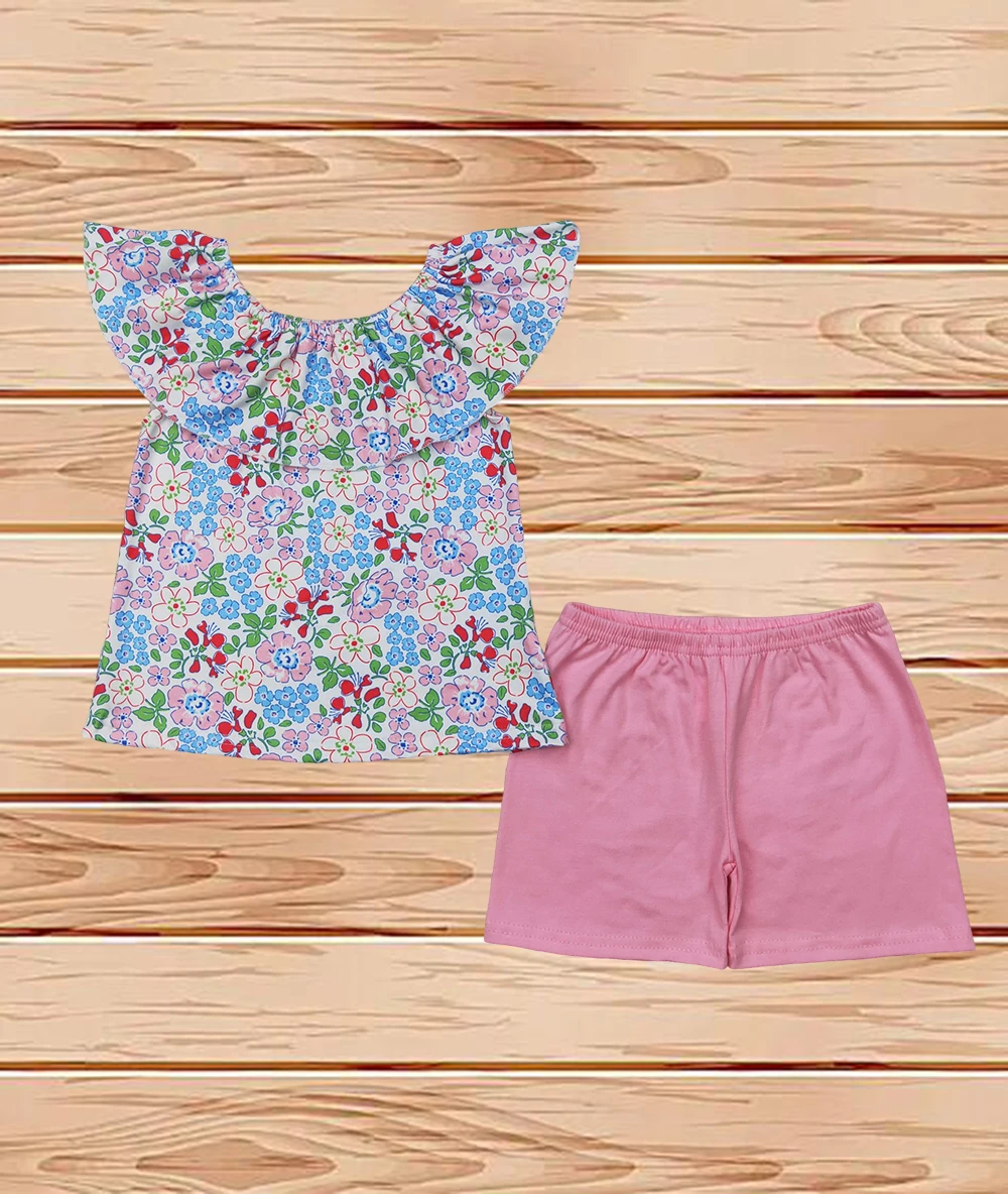 

4.10 Wholesale Western Boutique children clothing Baby Girls Pink Flowers Ruffle Tunic Tops Shorts Clothes Sets