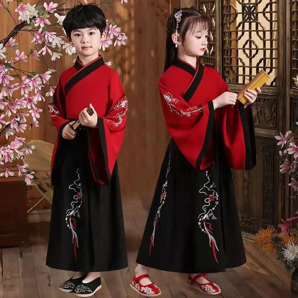 Vestido tradicional chinês hanfu para crianças, conjunto de roupas para festivais antigos para meninos e meninas, manga longa, vestido de dança folclórica