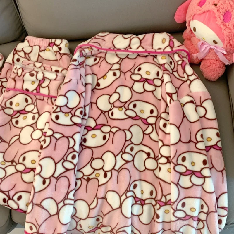 Sanrio Otoño e Invierno Melody lindo pijama cálido mujer dibujos animados estampado completo engrosado solapa de felpa cardigan conjunto de ropa de descanso