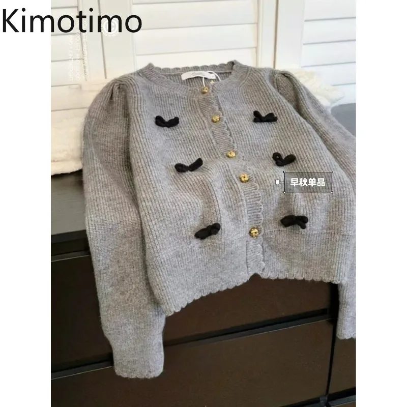 

Kimotimo French Sweet Grey Bow Sweater Cardigan Women Autumn Winter Lazy Style O Neck Long Sleeve Knitted Short Tops Casual Coat