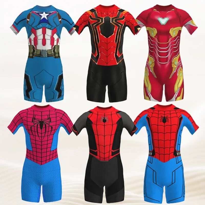 ชุดว่ายน้ำสไปเดอร์แมนเด็กผู้ชายชุดคอสเพลย์ผู้หญิงอเวนเจอร์สซูเปอร์ฮีโร่ชุดว่ายน้ำสำหรับเด็กเด็กไอรอนแมนรัดรูปบอดี้สูทว่ายน้ำชายหาด