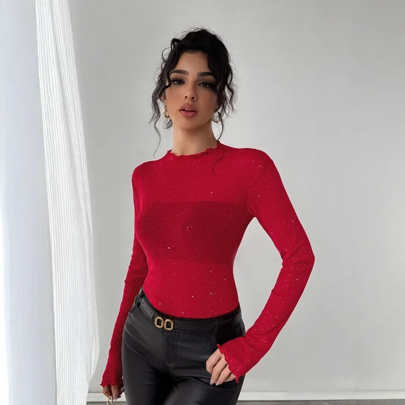 2025 novas camisetas finas sexy lantejoulas algodão manga longa verão topos macio fino transparente camiseta femme roupas femininas