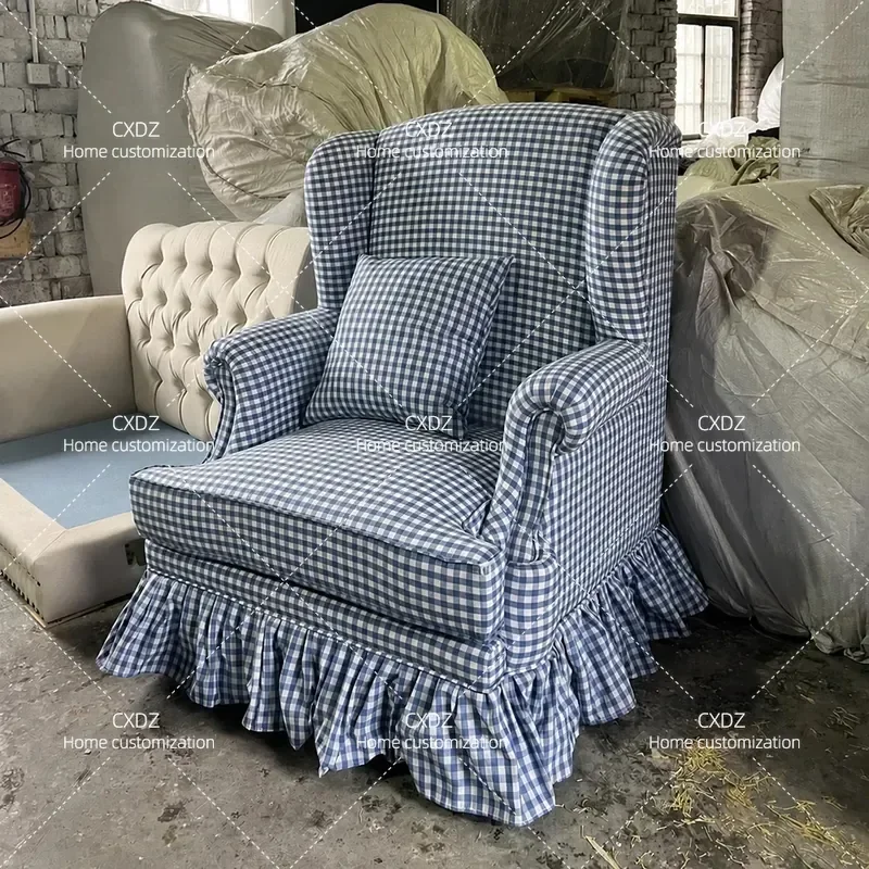 French Retro Pastoral Blue and White Plaid Single Sofa Cream High Back Skirt Armchair for Small Apartment Living Room