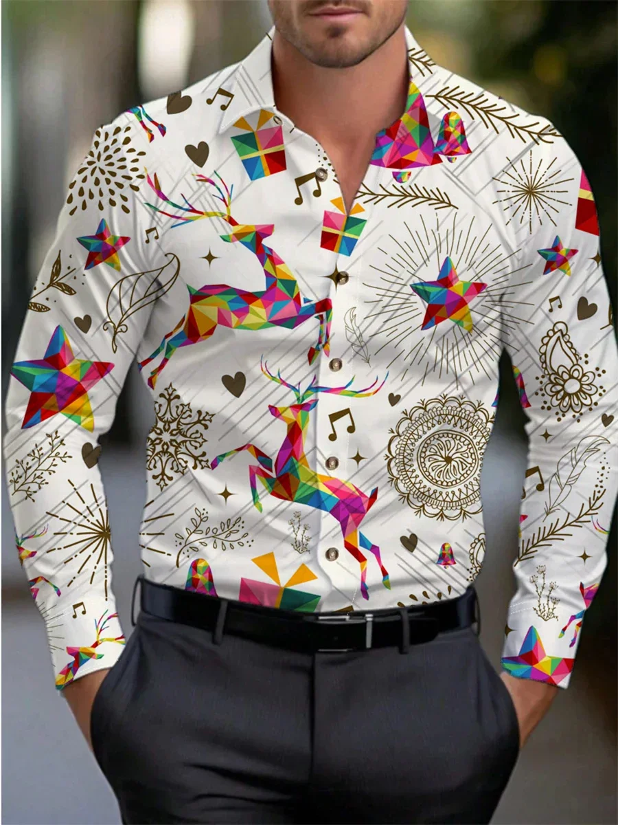 

Christmas Colorful Elk Print Men's Long Sleeve Shirt Large Size Fashion Comfortable Casual Lapel Men's Holiday Top