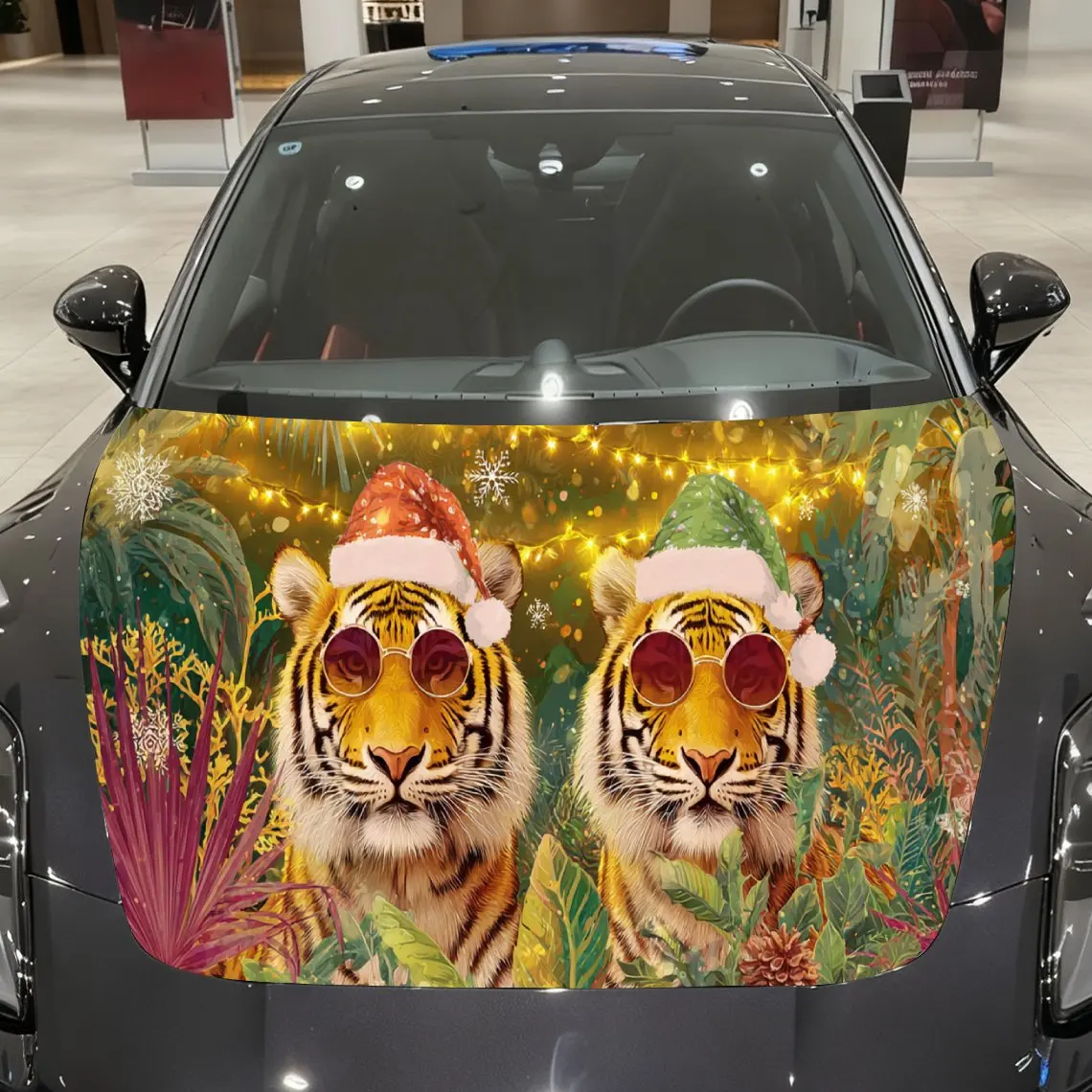 Festive Christmas Tiger Pair with Sunglasses Car Hood Decal, Waterproof Self-adhesive Vehicle Vinyl Wraps Sticker, Cool Auto Cov