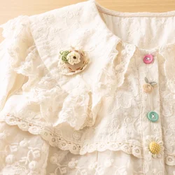 Lolita Sweet Lace Patchwork Cotton Short Sleeve Shirt Blouse Women Japanese Mori Girl Fairy Design Cute Buttons Solid Shirts