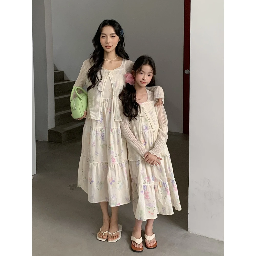 2026 Summer Mommy And Me Matching Dresses Floral Print Cami Tiered Maxi Dress & Cardigan 2PCS Set For Mom And Daughter