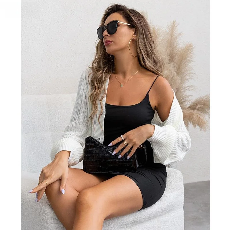 

Длинный фонарь Све, вязаный кардиган с атласным воротником, винтажный женский открытый кардиган из полиэфирного волокна, цельный, осень 2023, осень