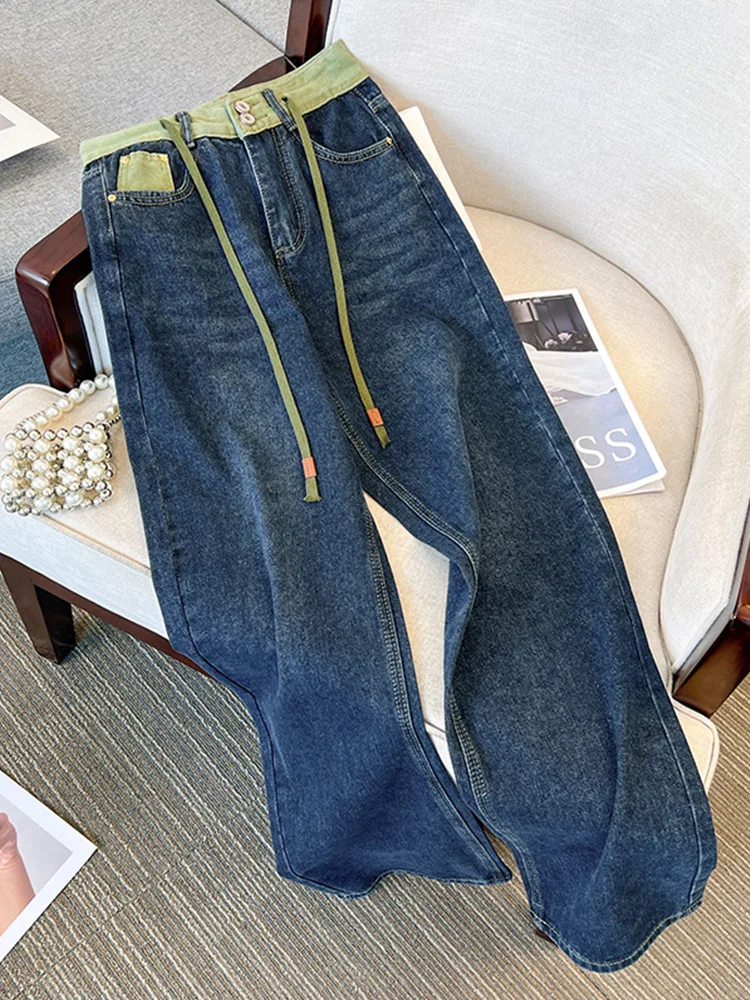 

Джинсы большого размера с высокой талией, женские новые осенние свободные широкие брюки на шнурке, модные универсальные прямые джинсовые брюки