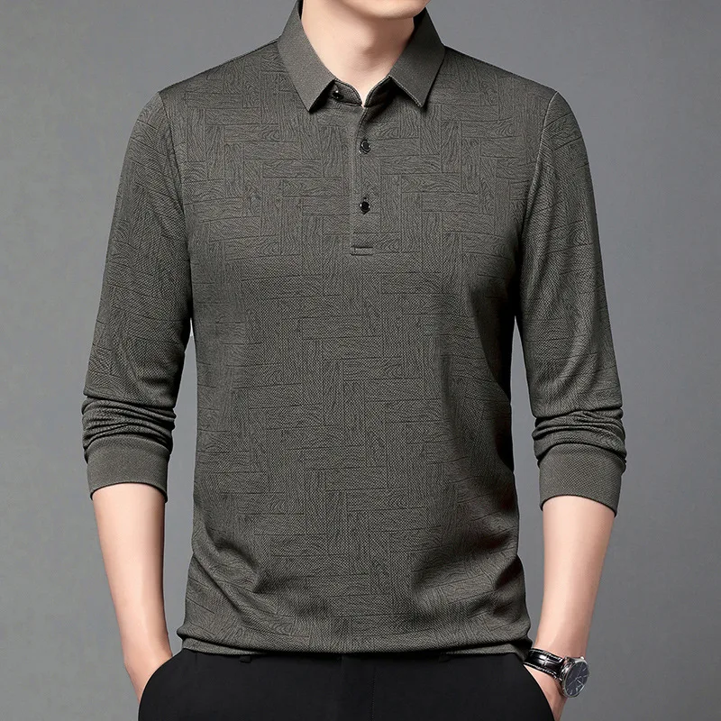 Autumn New Long-sleeved Polo Shirt Men's Fashionable Printing Trend Versatile Casual Lapel Middle-aged Long-sleeved T-shirt