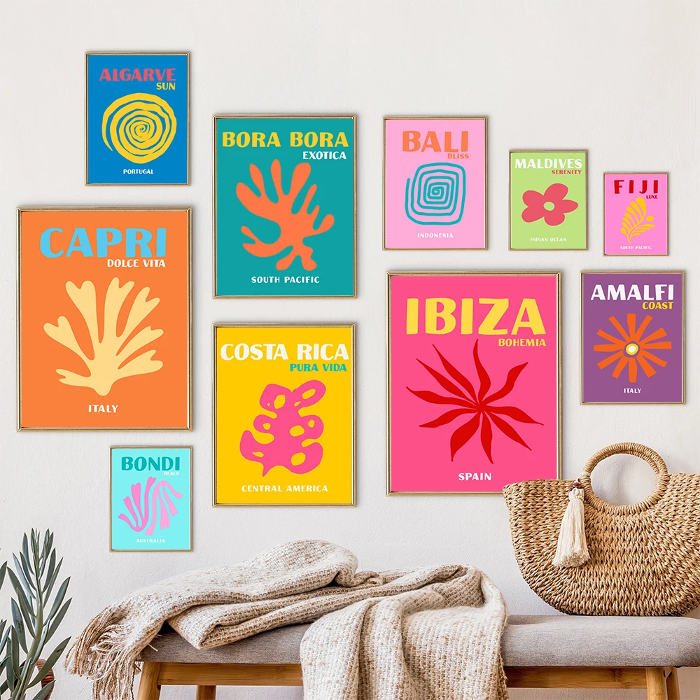 Preppy Color Reiseplakate Miami Bondi Palms Ibiza Mykonos Capri Kunstdruck Minimalistische nordische Leinwandmalerei Wohnzimmer-Dekoration