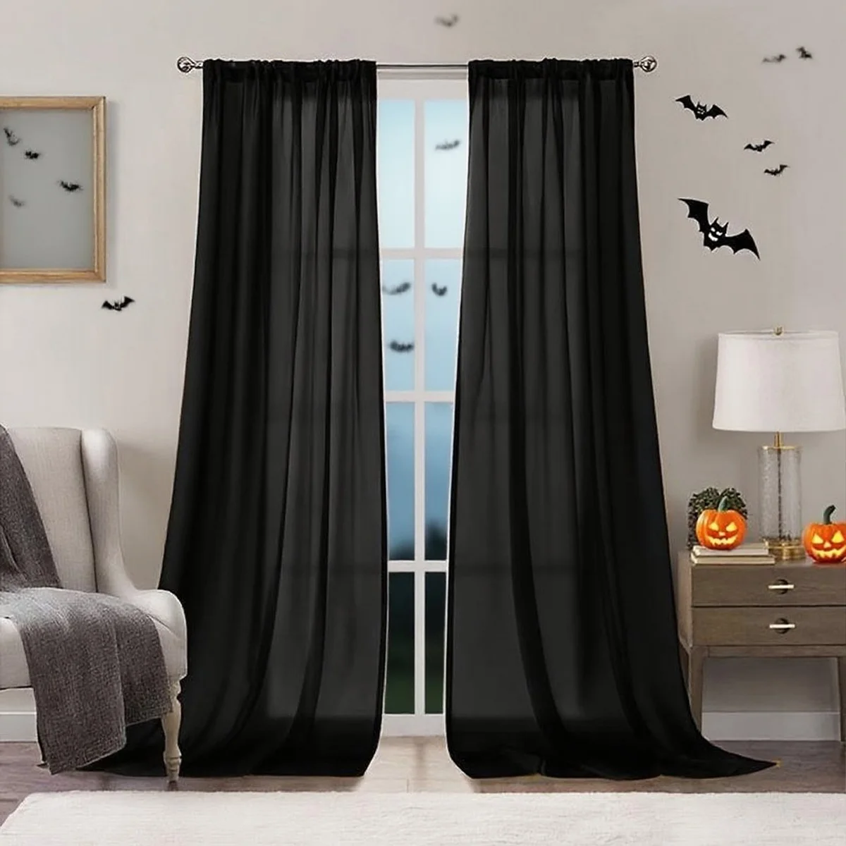 Halloween Ghost Day Holiday Celebration Decoration Orange Black Gauze Threaded Bar Curtain Sheet for Living Room Bedroom Window