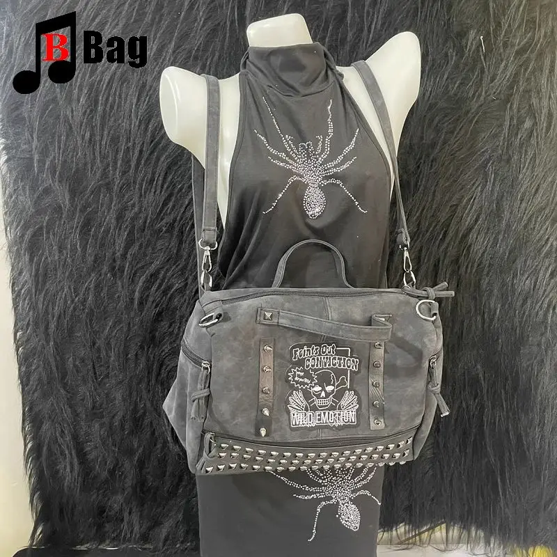 Y2k Girl Vintage Harajuku Punk Gothic Skeleton Rivet Womens Versatile Fashion Backpack Casual Large capacity Two Shoulders bag