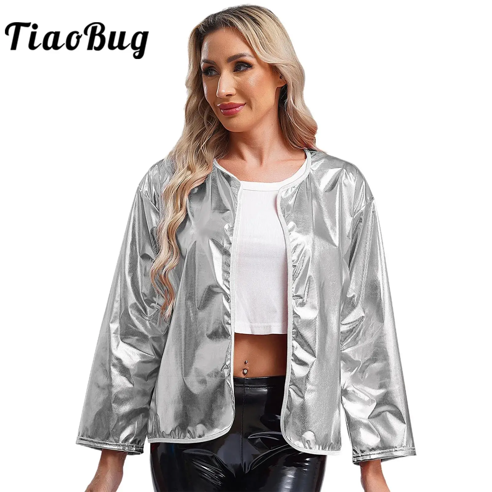 Fashion Womens Metallic Coats Jackets Shiny Clubwear Cardigan Open Front Outerwear Rave Streetwear Music Carnivals Party Costume