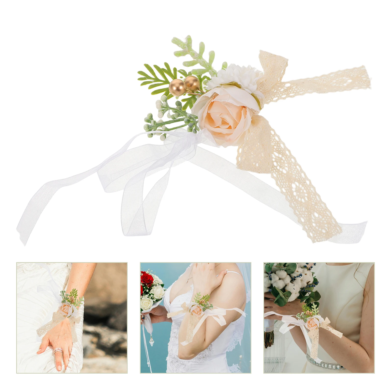 

4 Pcs Wedding Wrist Flower Fake Wristband Mori Department Bridesmaid Corsage Bridegroom