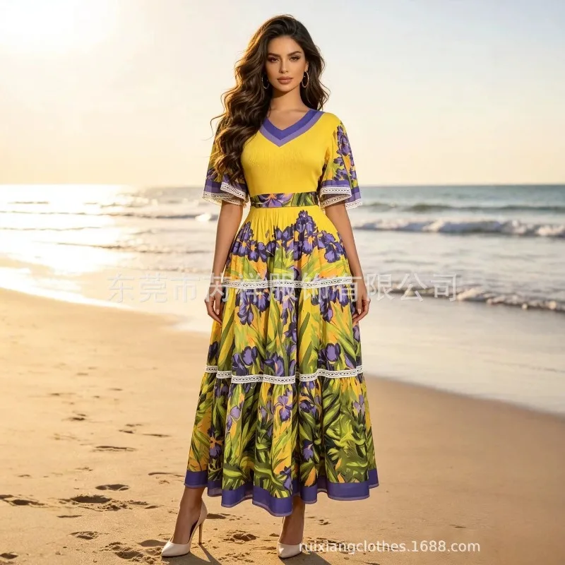 Miyake Pleats 2026 New Spring Original Pleated Plus Size Printed Pattern Puff Sleeve V-Neck Pullover Bohemian Beach Vacation