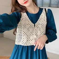 Spring Autumn Crochet Sweater Vest Women Korean Style Fashion V-neck Sleeveless Cropped Tank Top Beige White Shrug Cover-Up