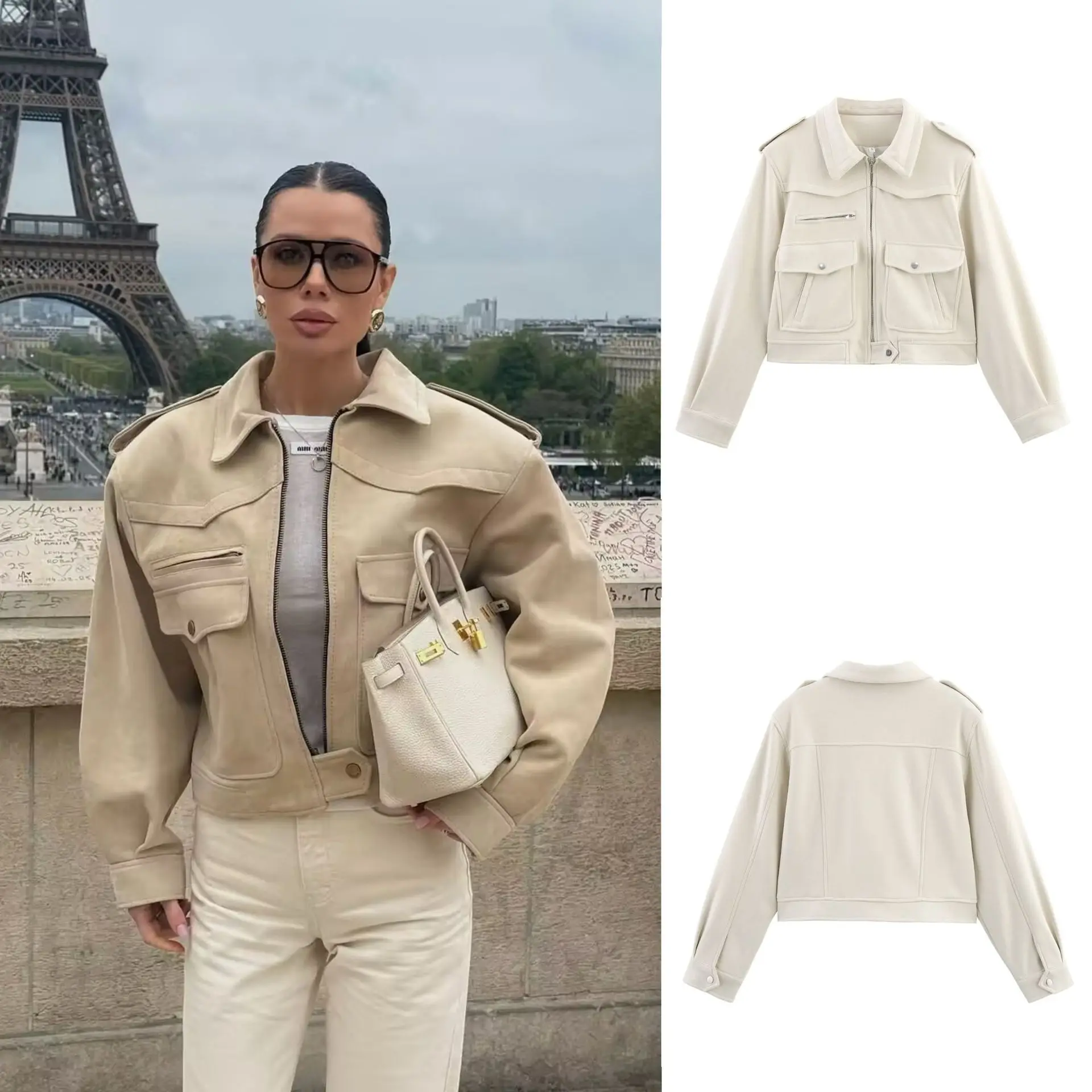 

Autumn Women's Suede Motorcycle Jacket Lapel Collar Multi Pockets Slim Female's Coat Street Commute Solid Outwear For Lady