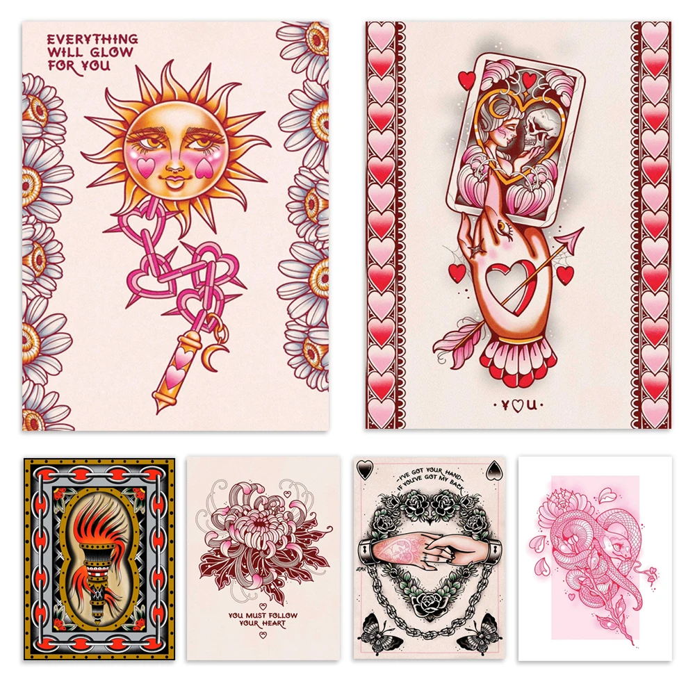 Traditional Japanese tattoos, snake heart, moon tarot cards, torch tattoos, black and gray sleeve tattoos, tiger tattoo posters