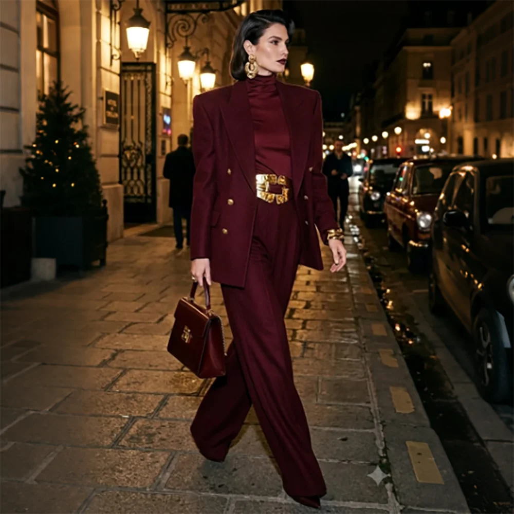 Vintage Women Burgundy Double Breasted Suit Elegant Blazer Pants Set Luxury Formal Evening Party Business Ladies Tailored Outfit