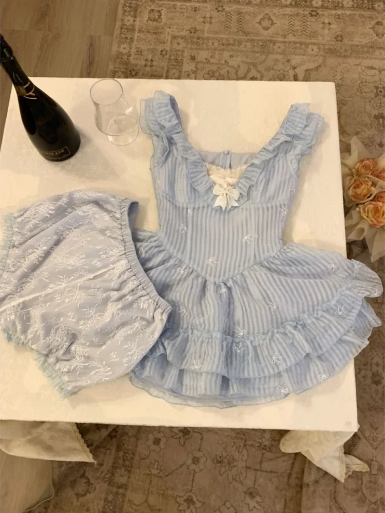 Summer Sweet Sle Women's Dr Strapl Puffy ort Skirt High Waist Princ Gown No Sve V-Ne  High Quali