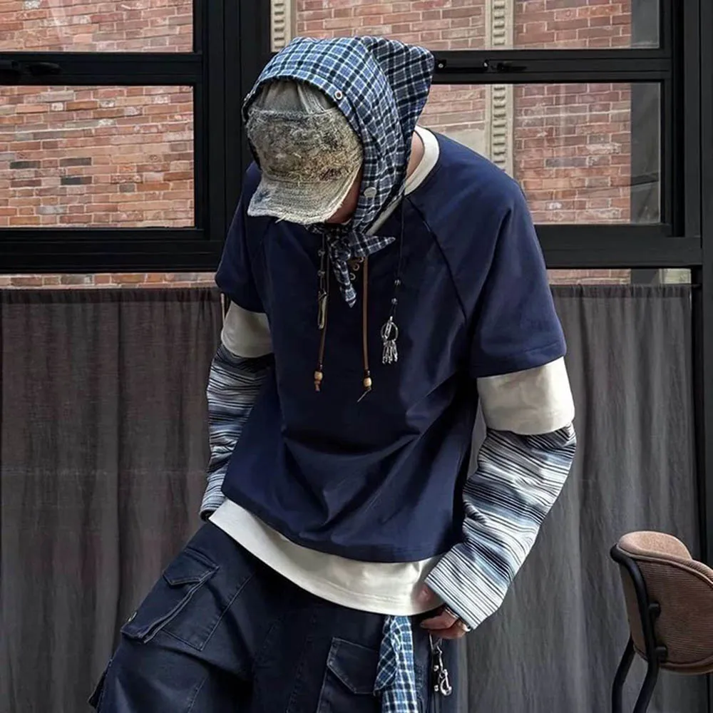 Mens Autumn T-Shirt Fake Three-Piece Stripe Stitching Drawstring T-Shirt Streetwear Fashion Daily Outdoor Casual Top Men'S Wear