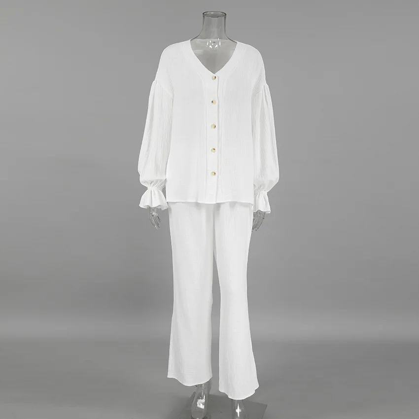 Pajamas Sets Winter Models of Cotton Casual Flared Sleeves Cardigan Long Pants White Two-piece Set of Soft Ladies Loungewear