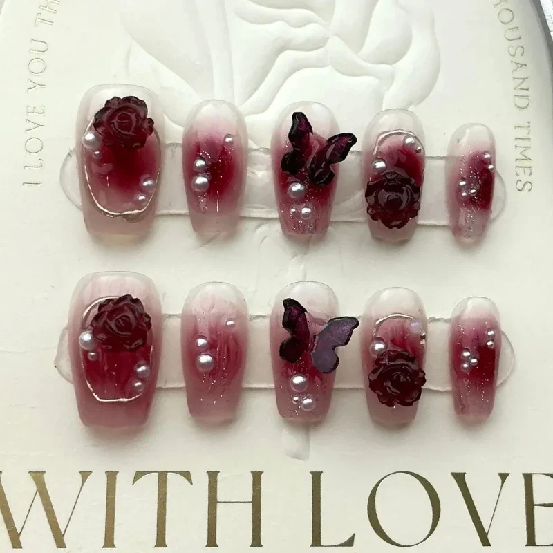 10PC Wearable Wine Red Camellia Butterfly Fake Nails with tool handmade acrylic press on nails short ballet false nail with glue