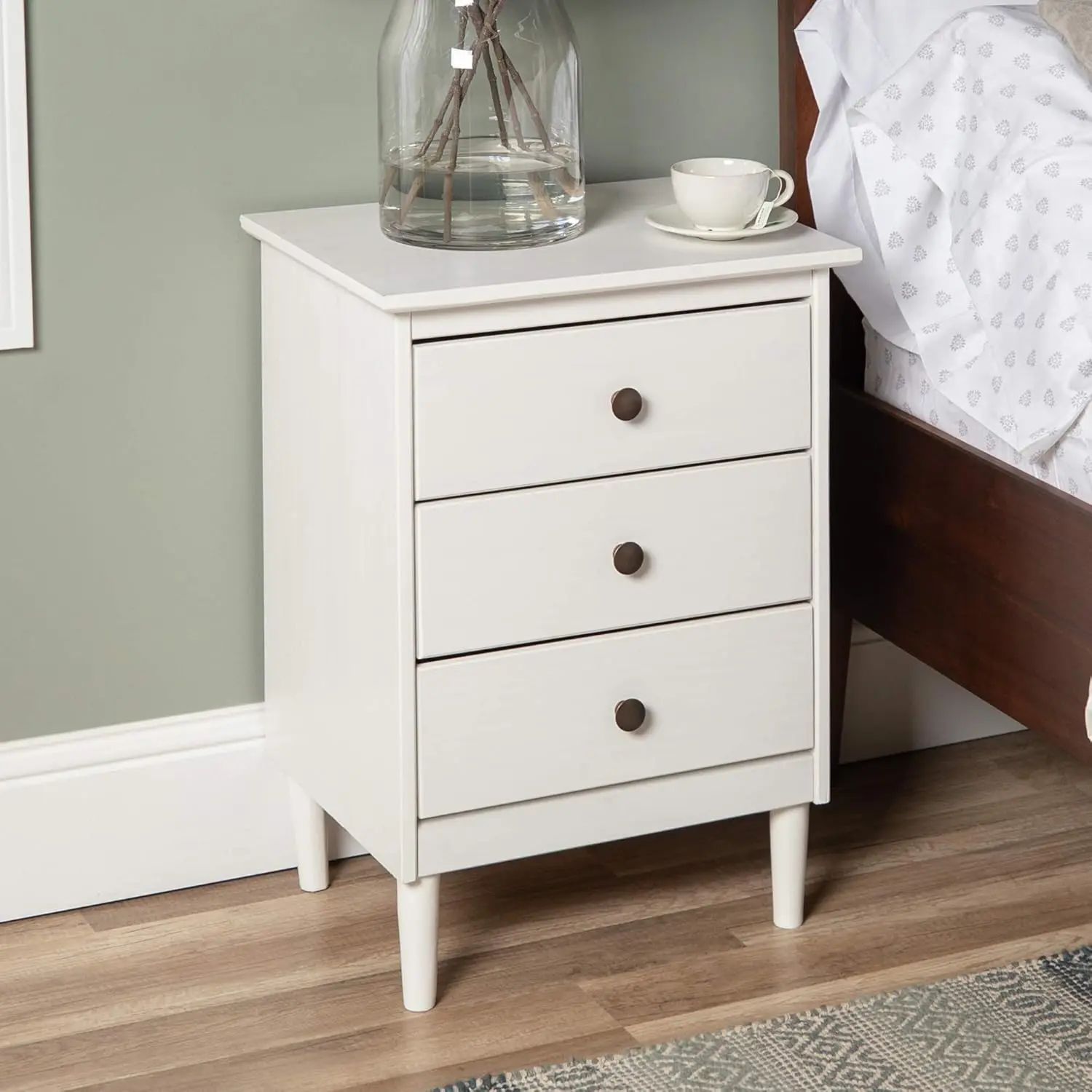 Wood 3 Drawer Nightstand Side Table Bedroom Storage Drawer and Shelf Bedside End Table, 18 Inch, White