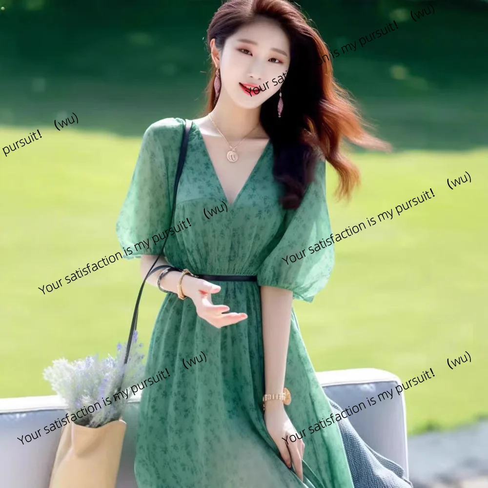 

Новое французское ретро платье с цветочным принтом, нишевый дизайн, рукав-фонарик, сказочная юбка с v-образным вырезом, женская юбка