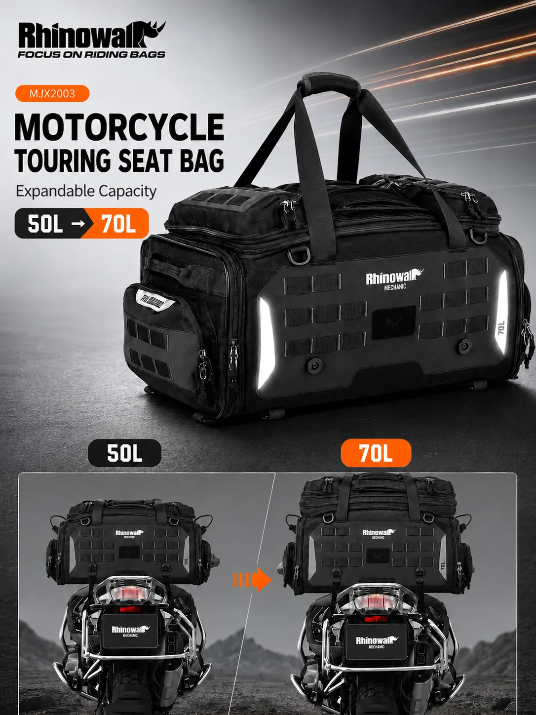 Rhinowalk Motorcycle Tail Bag 50-70L Expandable Rear Seat Rack Luggage Waterproof Rain Cover MOLLE Touring Helmet Storage Bag