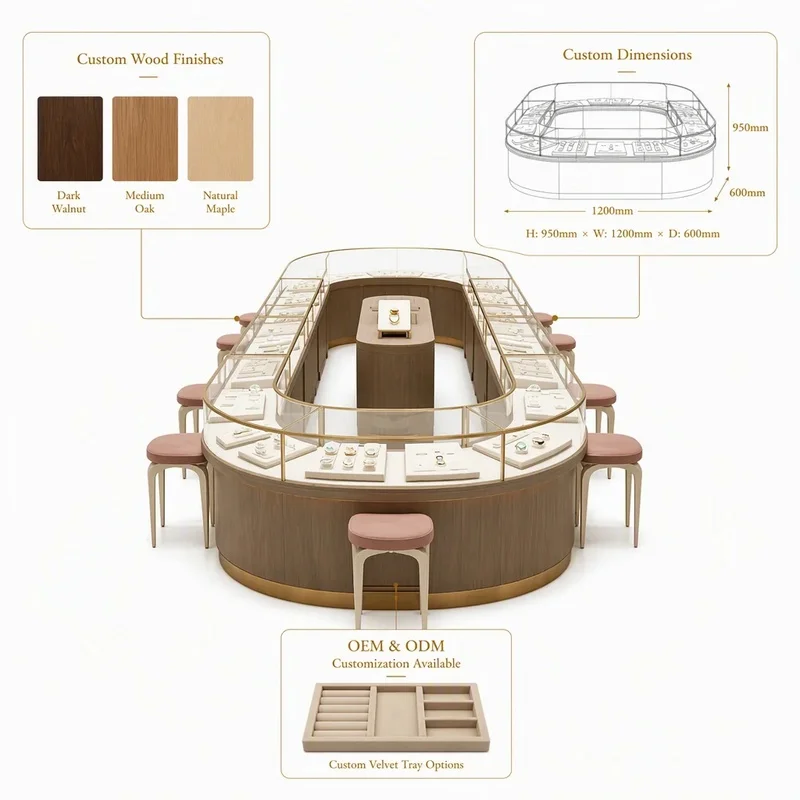 custom.Custom Wooden Metal Glass Jewelry Display Unit LED Lighting OEM ODM Distributor Retail Project