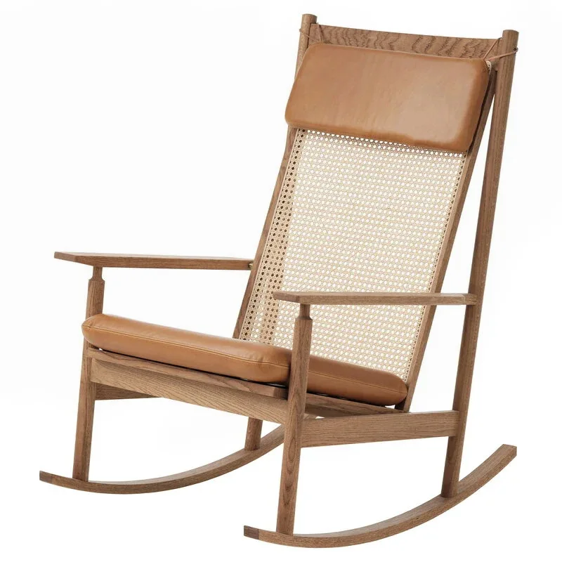 

Solid wood rocking balcony living room nap recliner designer backrest free retro rattan chair