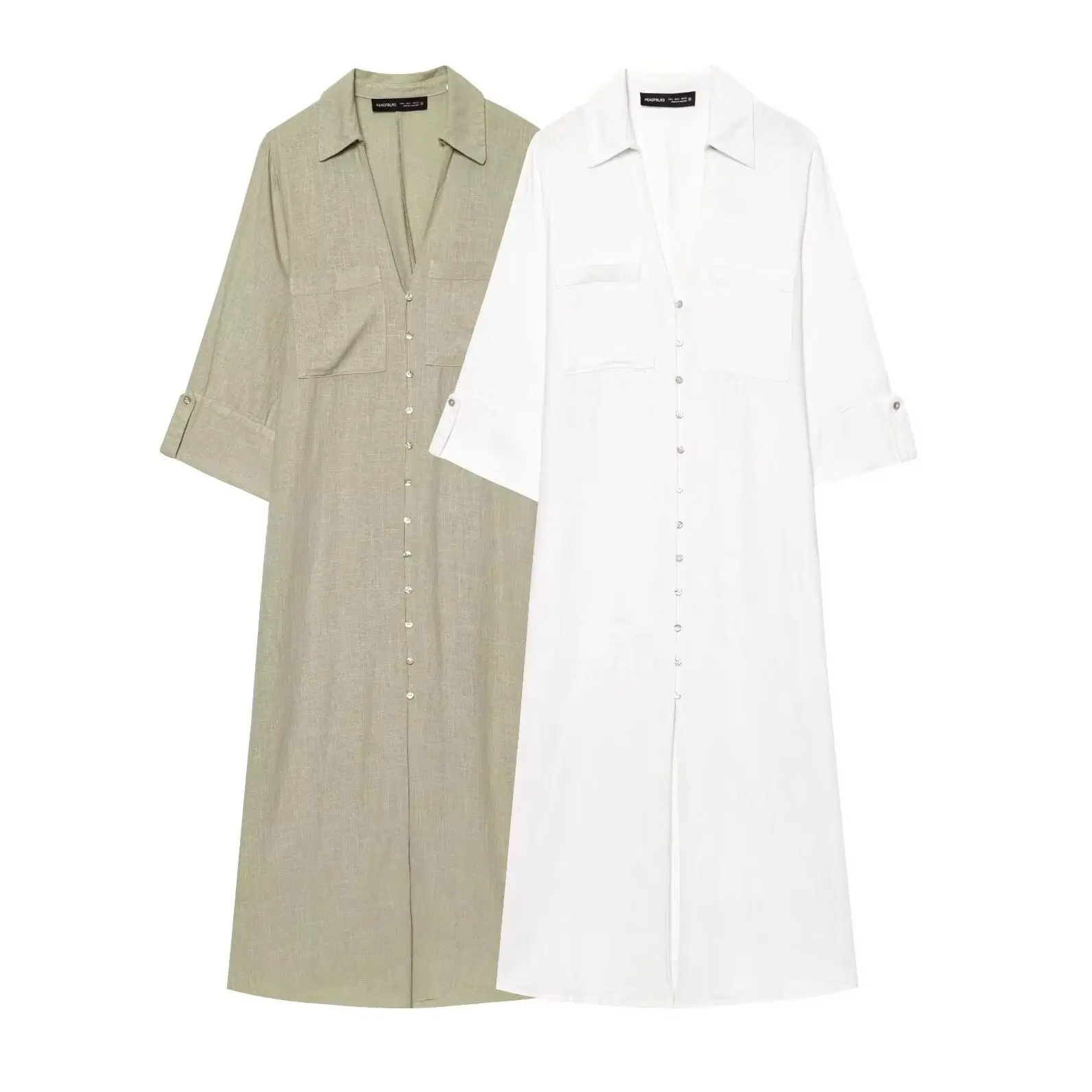 KONDALA Vintage Casual Elegante Sommer Weiße Frau Split Kleider Mode 2025, Sommer V-ausschnitt Hemd Kleid Taschen Mujer Vestidos