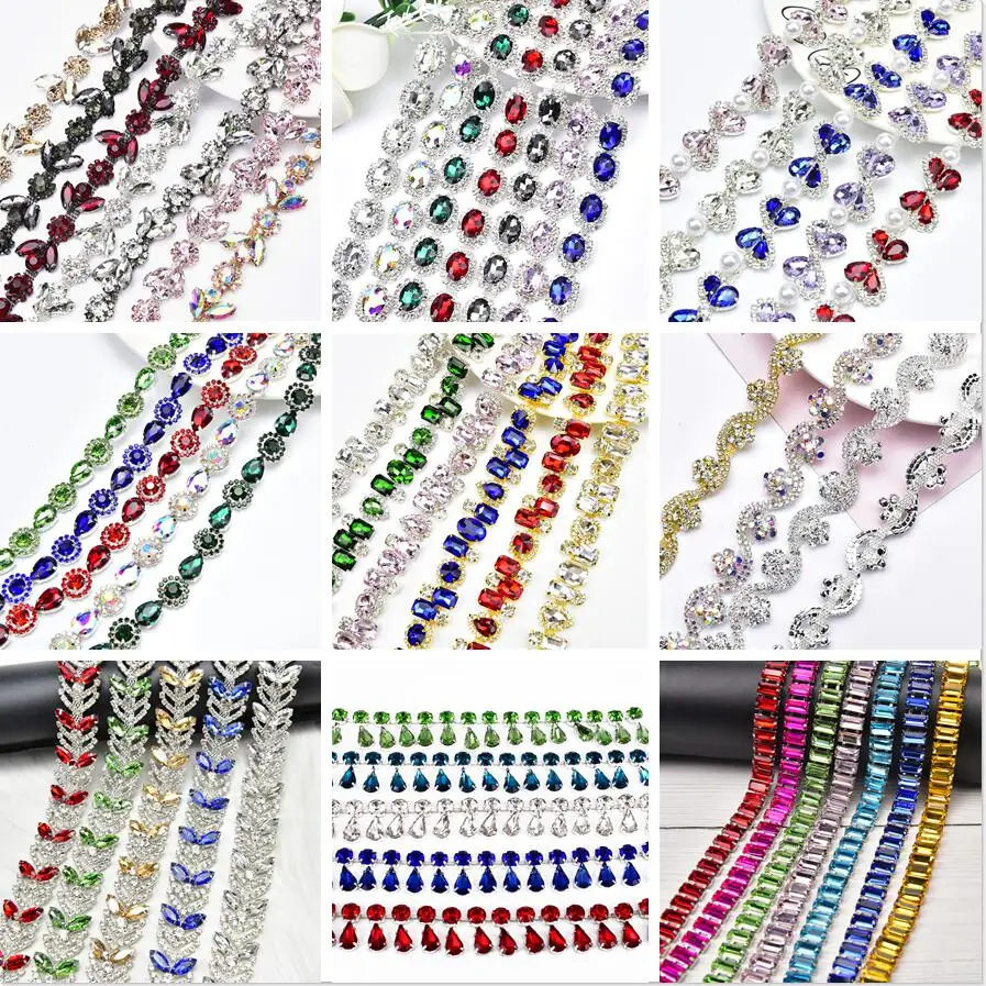 1 Meter Dense Horse Eye Rhinestone Flower Chain Sew On Glass Crystal Diamond Clothing Shoelace Accessories Diy Decoration Trims