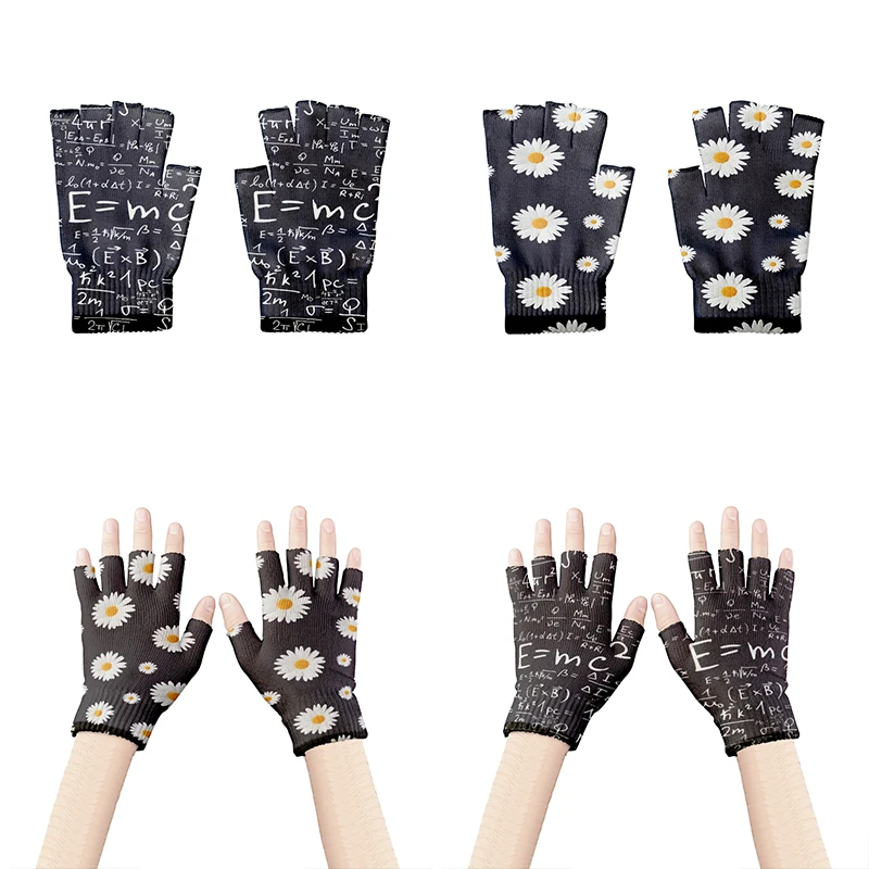 

1 Pair Knitted Fingerless Gloves Winter Warm Touch Screen Gloves Funny Printed Half Finger Gloves Anti-Slip Unisex