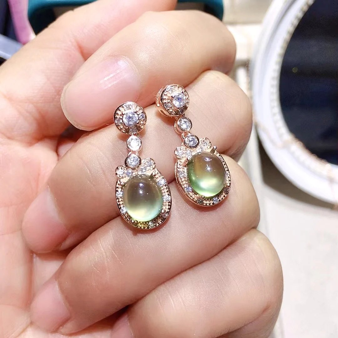 Total 2ct 6mm*8mm Natural Prehnite Drop Earrings Elegant 925 Silver Prehnite Earrings 18K Gold Plating  Natural Prehnite Jewelry