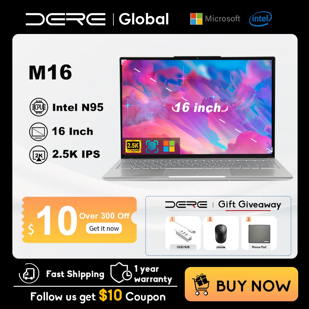 Ноутбук DERE M16, 16 дюймов 2,5 K 512x0 IPS Intel N95 12 ГБ DDR5 ГБ SSD клавиатура с подсветкой, офисный компьютер для учебы, Windows 11 ноутбук