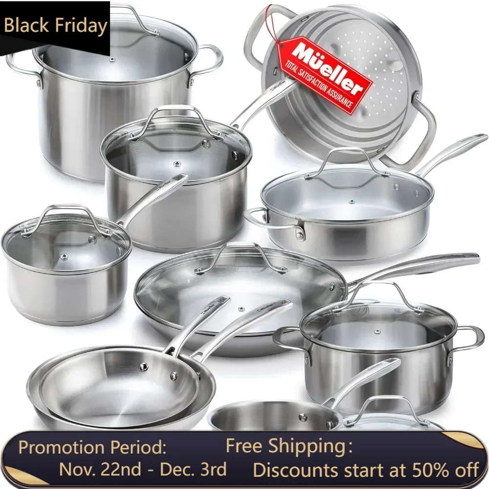 17 Piece Stainless Steel Cookware Set with Ergonomic Handle，suitable for Simmering, Stir Frying, Cooking,and Stewing.Cooking Set