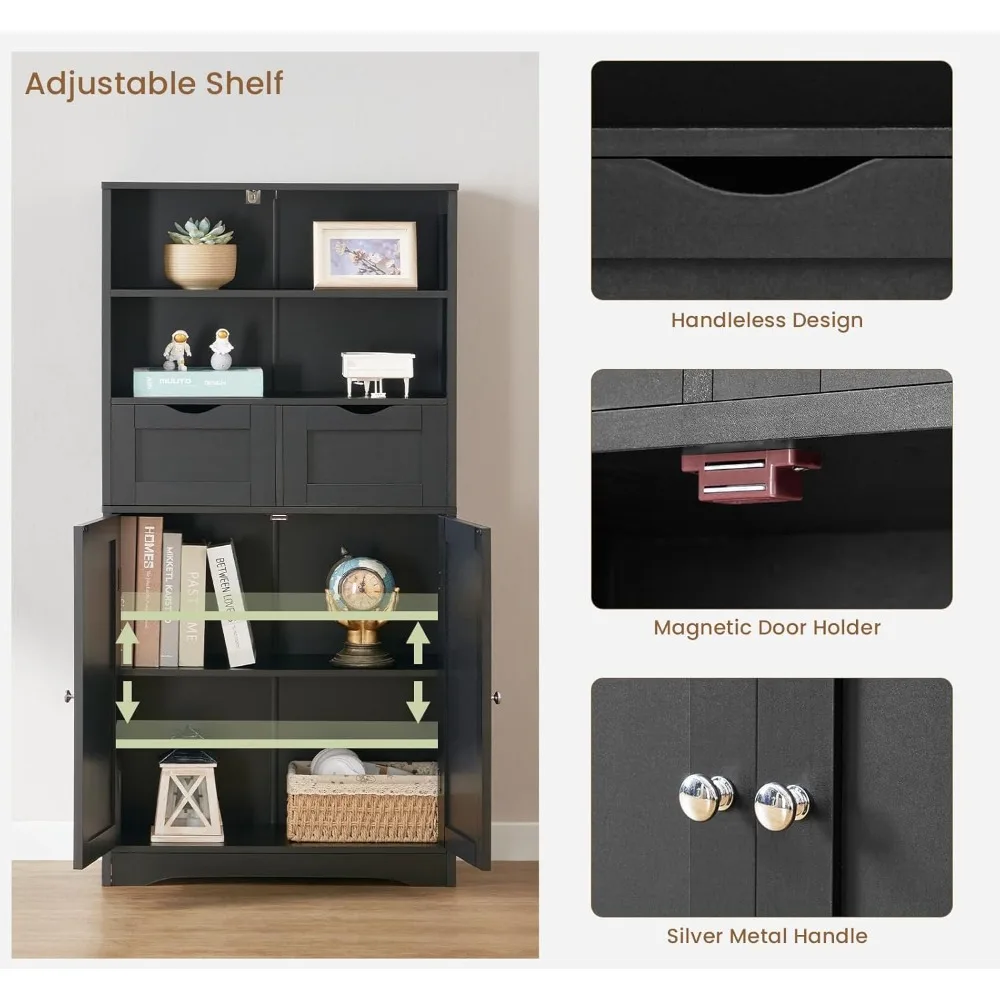 خزانة تخزين طويلة، خزانة تخزين سوداء مع درجين وأرفف قابلة للتعديل، خزانة حمام لغرفة المعيشة، غرفة الطعام،