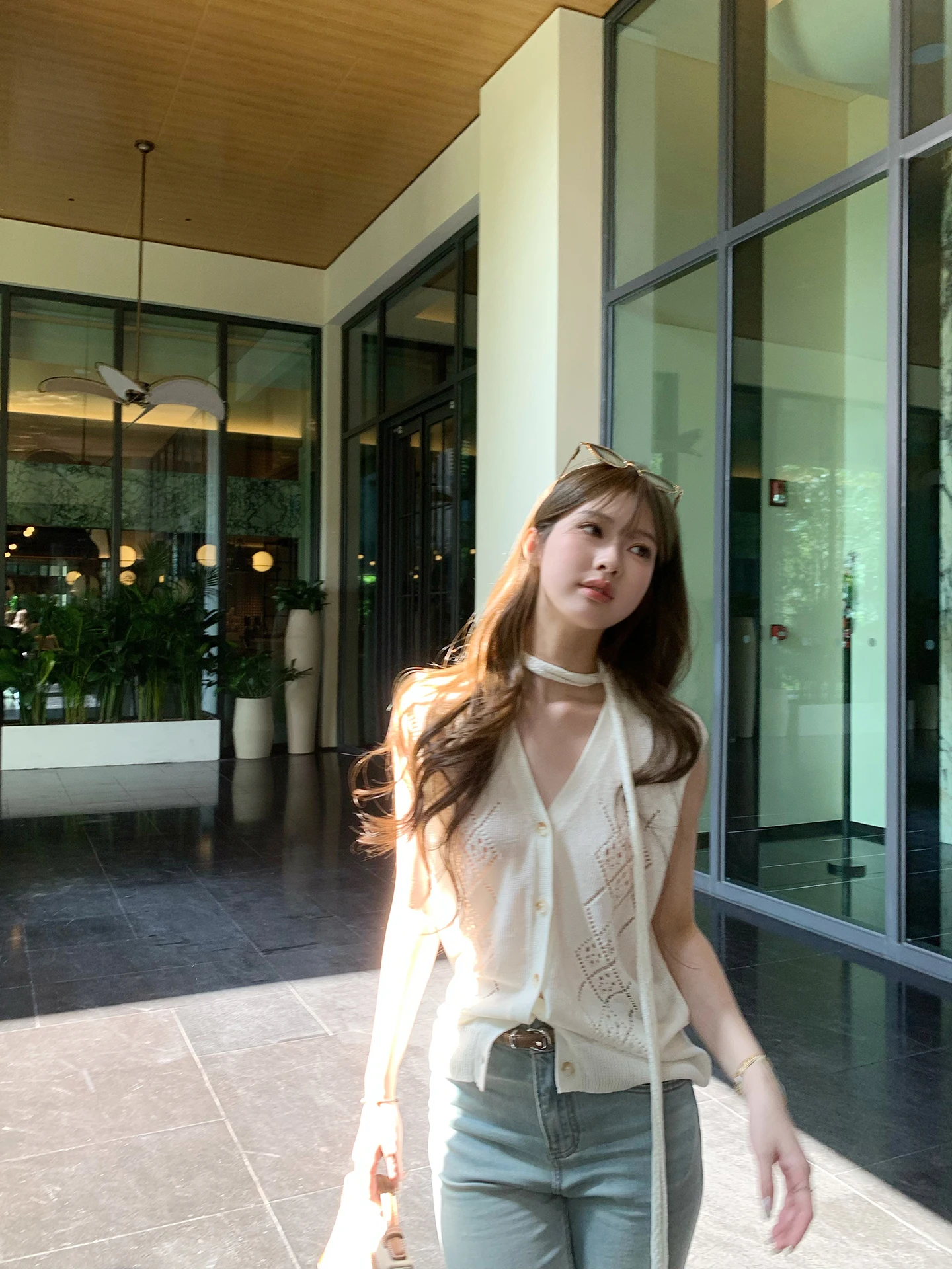 

Linen Hollow out Knitted Vest Women's Summer Design Sense Scarf Neckline Sleeveless Top Breathable Comfortable TMH STUDIO