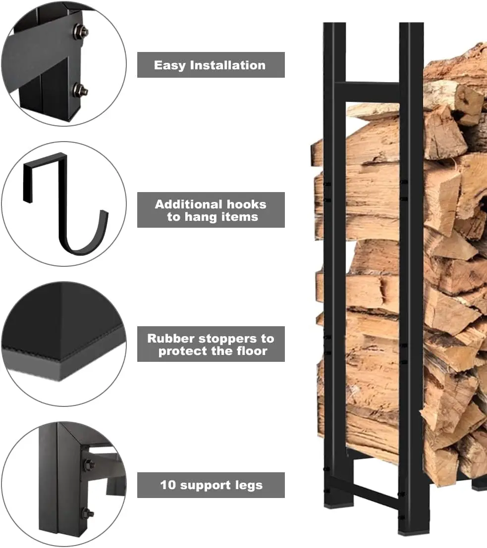 Indoor/Outdoor Fireplace Firewood Storage, Metal, Black, 8ft Adjustable Heavy Duty