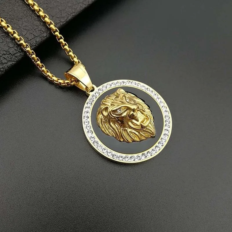 Men's Fashion Titanium Steel Gold Plated Rhinestones Lion Head Animal Pendant Necklace Hiphop Punk Personality Jewelry