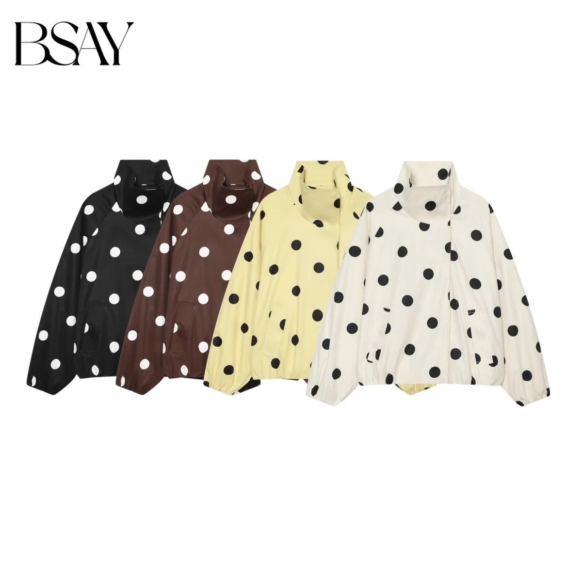 BSAY 2026 Nueva Chaqueta Bomber de Moda para Mujer, Versátil, con Estampado de Lunares, Cuello Alto, Cierre de Cremallera, Estilo Casual, Corta, con Bolsillos