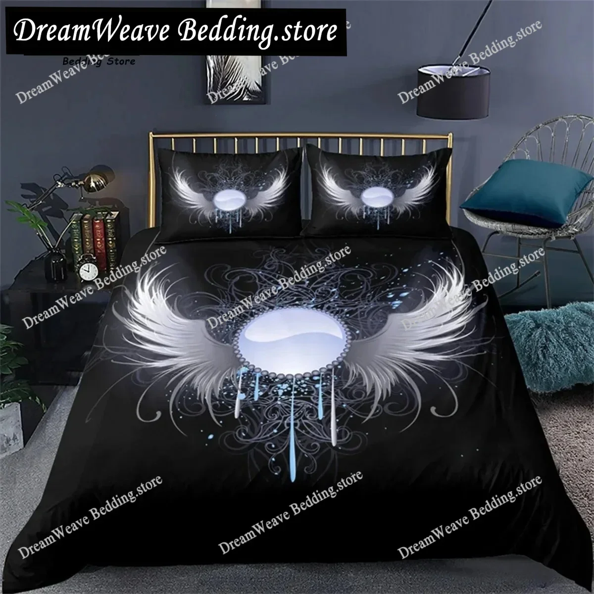 Angel Wings Duvet Cover Set King for Kids Girl Teen Room Decor Abstract Cartoon Art Print Bedding Set Microfiber Comforter Cover